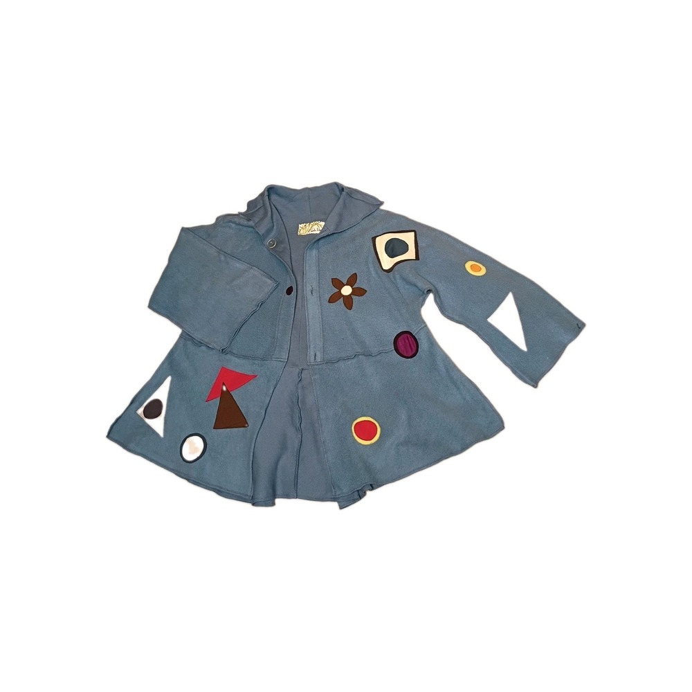 Carole Wang Women Blue Fleece Patchwork Button Up Coat Wearable Art Peplum Sz M